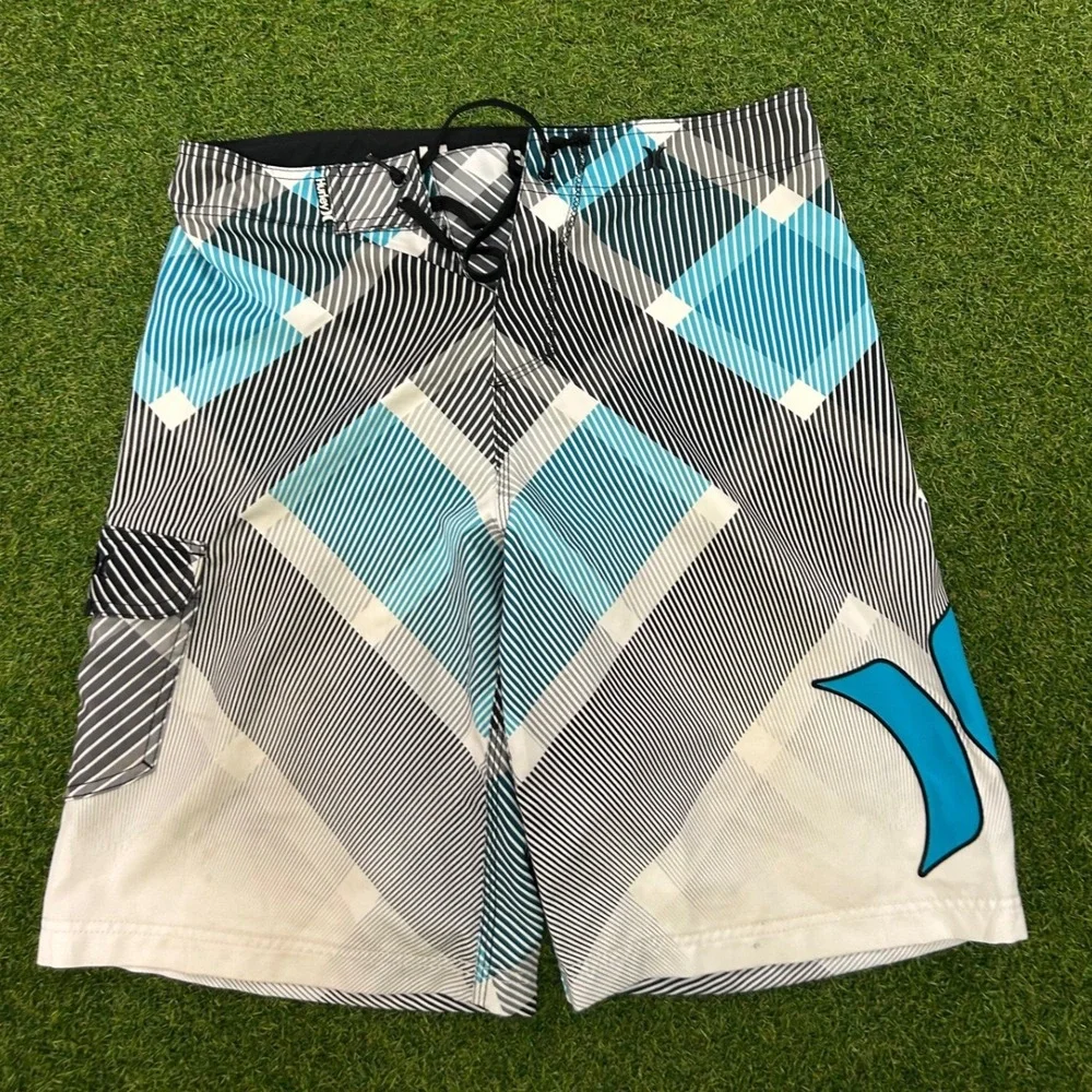 Hurley Mens Blue Black Geometric Plaid Board Shorts Swim Trunks Size L 34 Waist